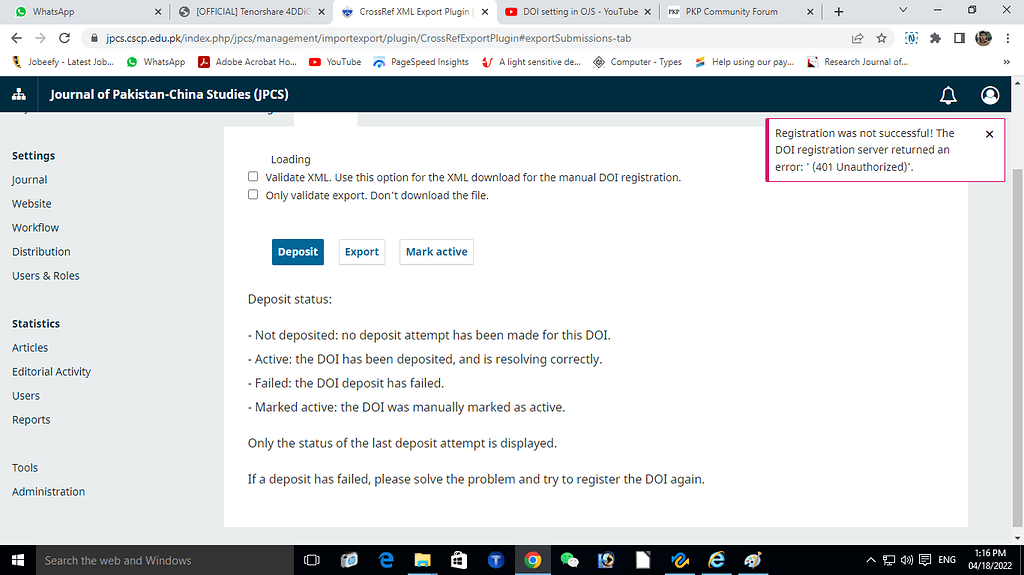 Registration was not successful! The DOI registration server 